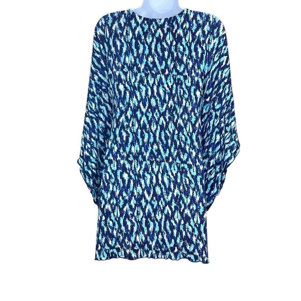 Cabana Life Small Blue Print Beaded Drawstring Batwing Sleeve Swim Coverup Beach - Picture 2 of 10